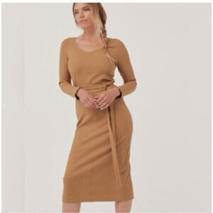Pact Dress Ribbed Jazz Brown Camel Size Large Long Sleeve Belted Midi Organic